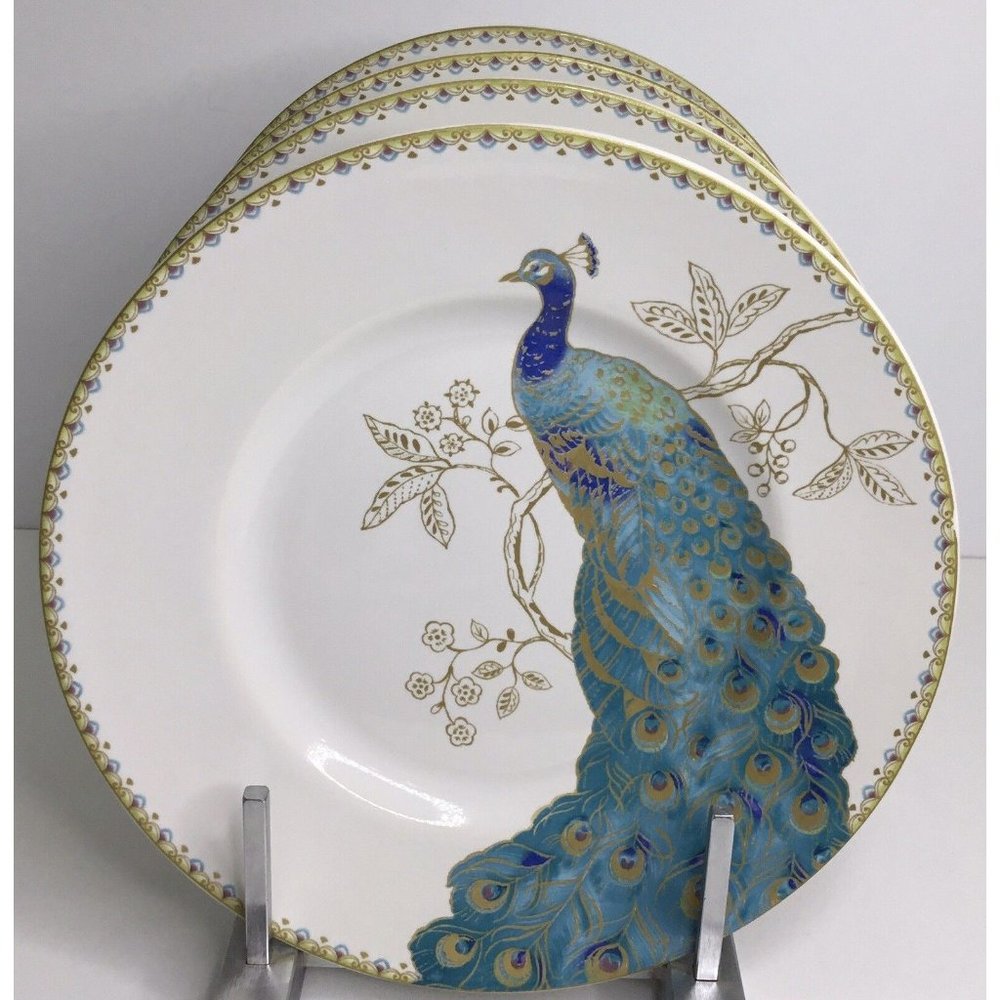 4 Porcelain Salad Plates 222 Fifth Peacock Garden Golden Floral Scroll 8.5" New